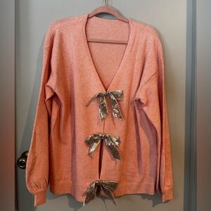Women's Pink Sweater with Silver Sequin Bow Accents XL